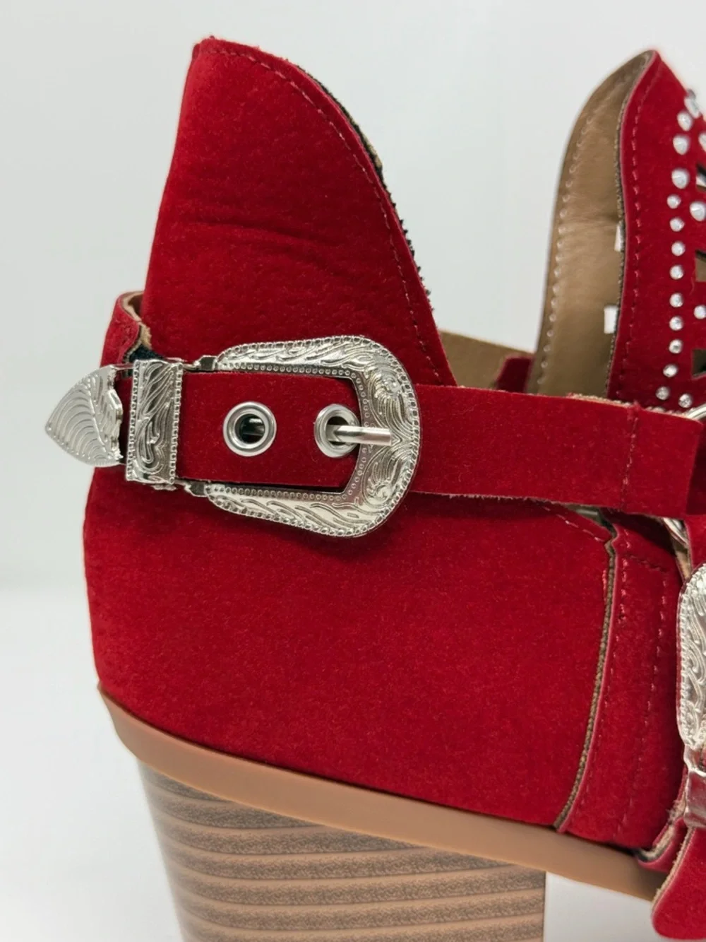 Red Rhinestone Western Ankle Boots Studded Cutout Buckle Booties Size 8 EU 39 - Picture 7 of 16